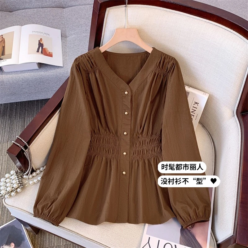 高级感法式别致v领收腰长袖衬衫女春秋胖mm遮肉显瘦小衫大码上衣