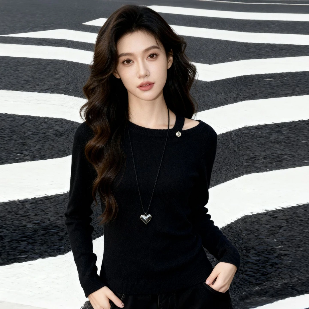 SM潮流韩版慵懒风条纹长袖针织衫女秋冬新款修身显瘦镂空打底上衣