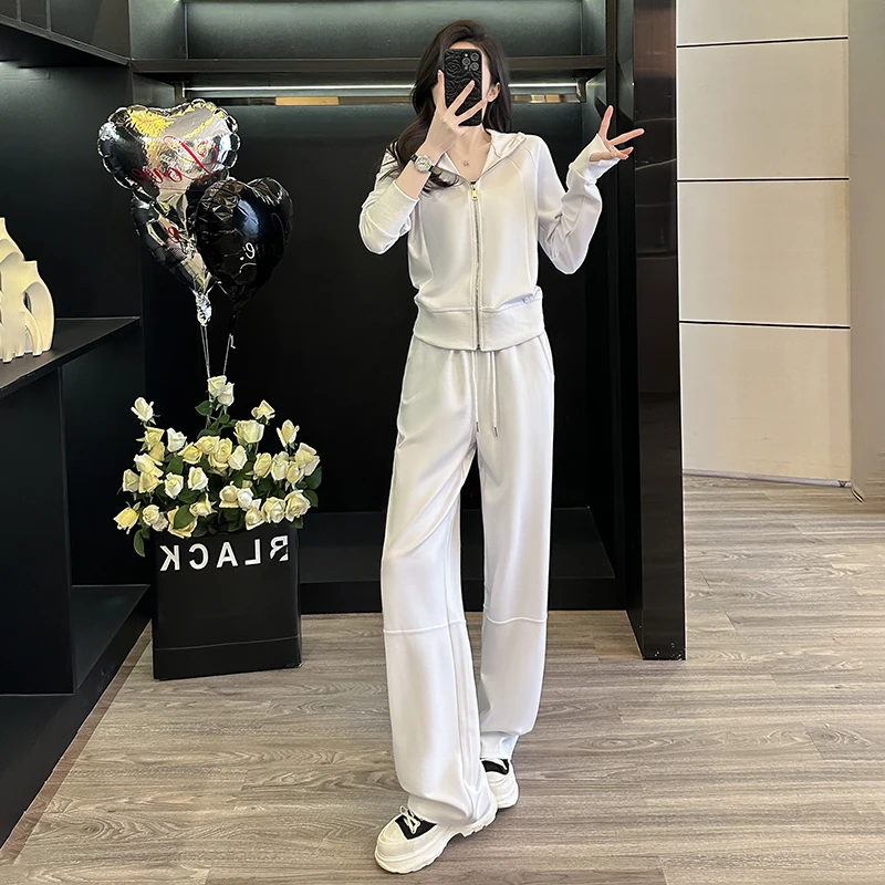 2025春季时尚减龄休闲运动套装女极简风白色外套上衣阔腿裤两件套