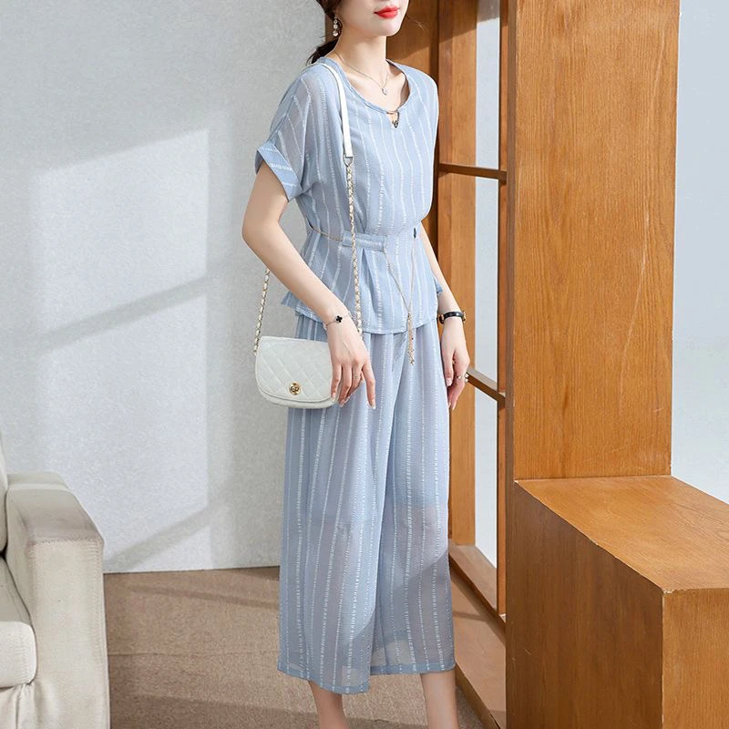 亿家9015女装妈妈夏装洋气套装中老年女T恤大码雪纺衫裤裙两件套