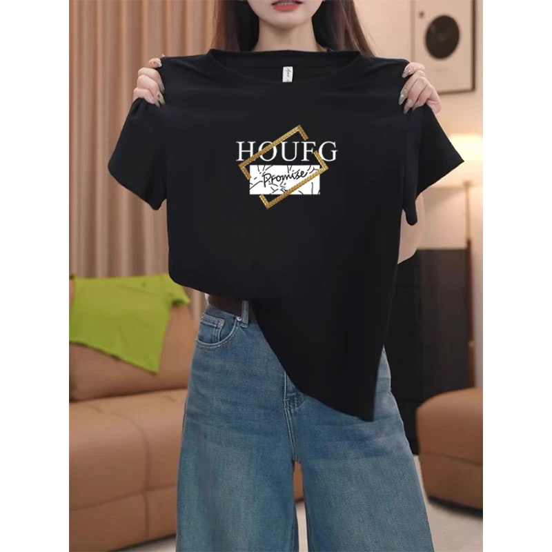 小众设计感正肩纯棉短袖女t恤2025新款时尚百搭黑色上衣体恤夏季
