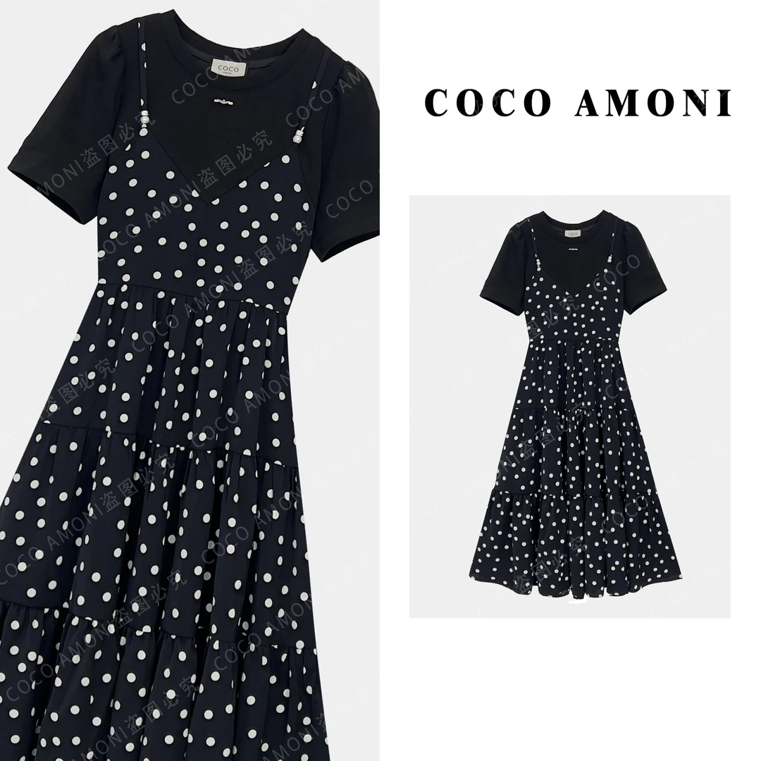 高级设计师原创新款时尚女装拼接重工波点显瘦气质连衣裙ZC807