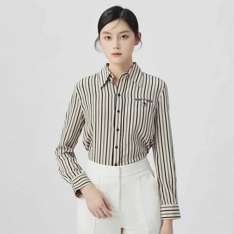 【商场同款】春秋新款百搭通勤竖条纹长袖衬衫女上衣5300848