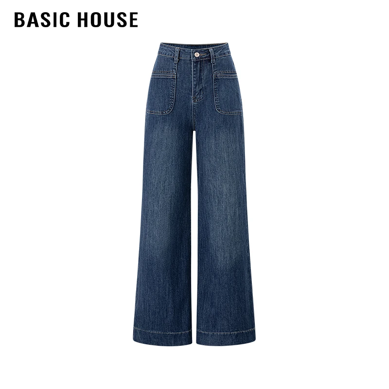 百家好/Basic House高腰微喇牛仔裤女港风休闲小个子复古长裤2024