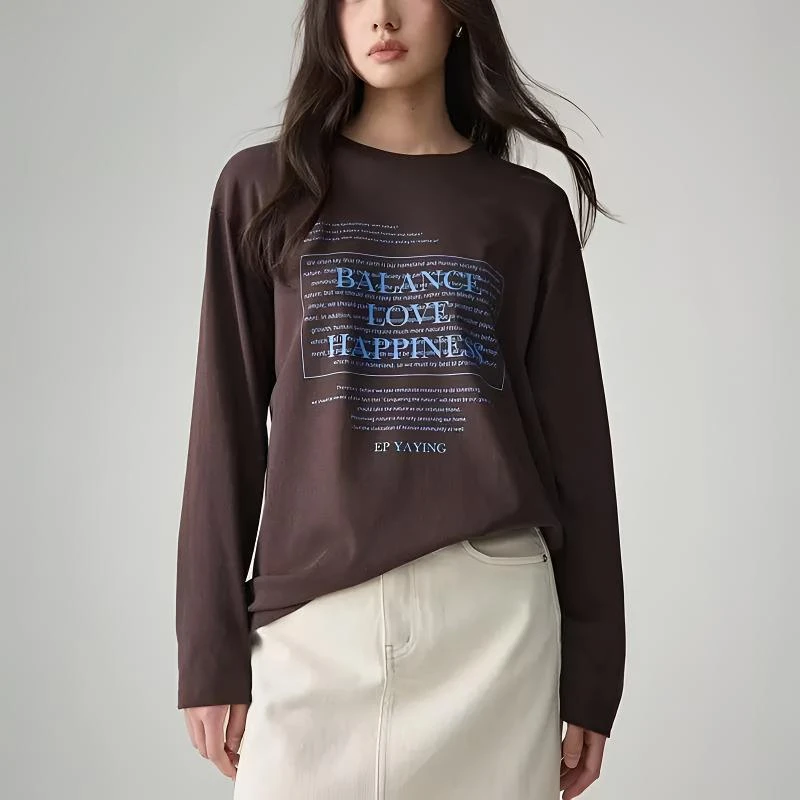 EP棉字母印花宽松圆领长袖T恤春季舒适百搭时尚