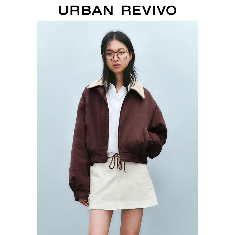 UR2025春季新款女装欧若风休闲工装风撞色领棉服外套UYU150014