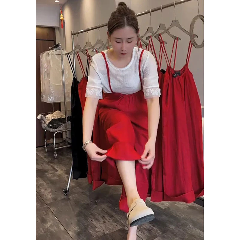 韩系休闲减龄纯色背带麻裤欧洲站2025夏季新款时尚简约显瘦长裤潮