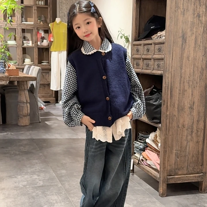 女童韩系格子蕾丝花边长袖衬衣针织马甲背心女2025秋季新款两件套