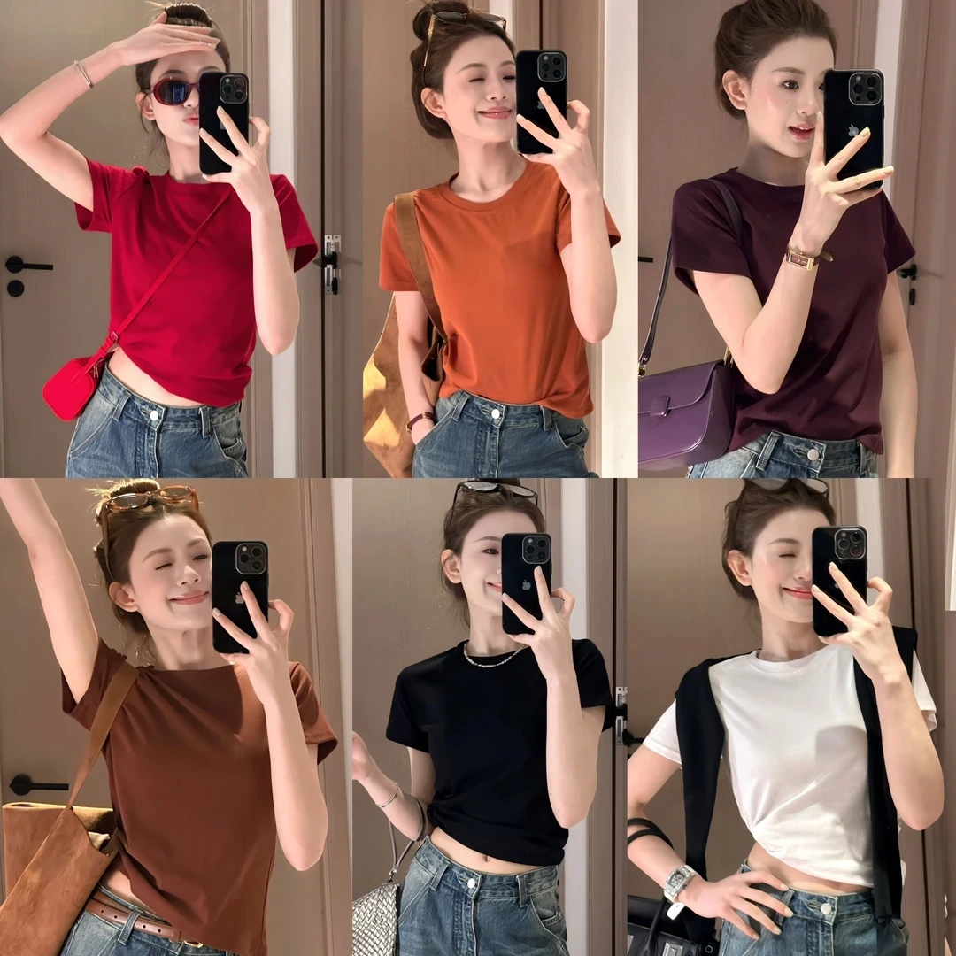 夏季圆领纯色T恤百搭显瘦白色舒适休闲女士夏季简约宽松修身韩版