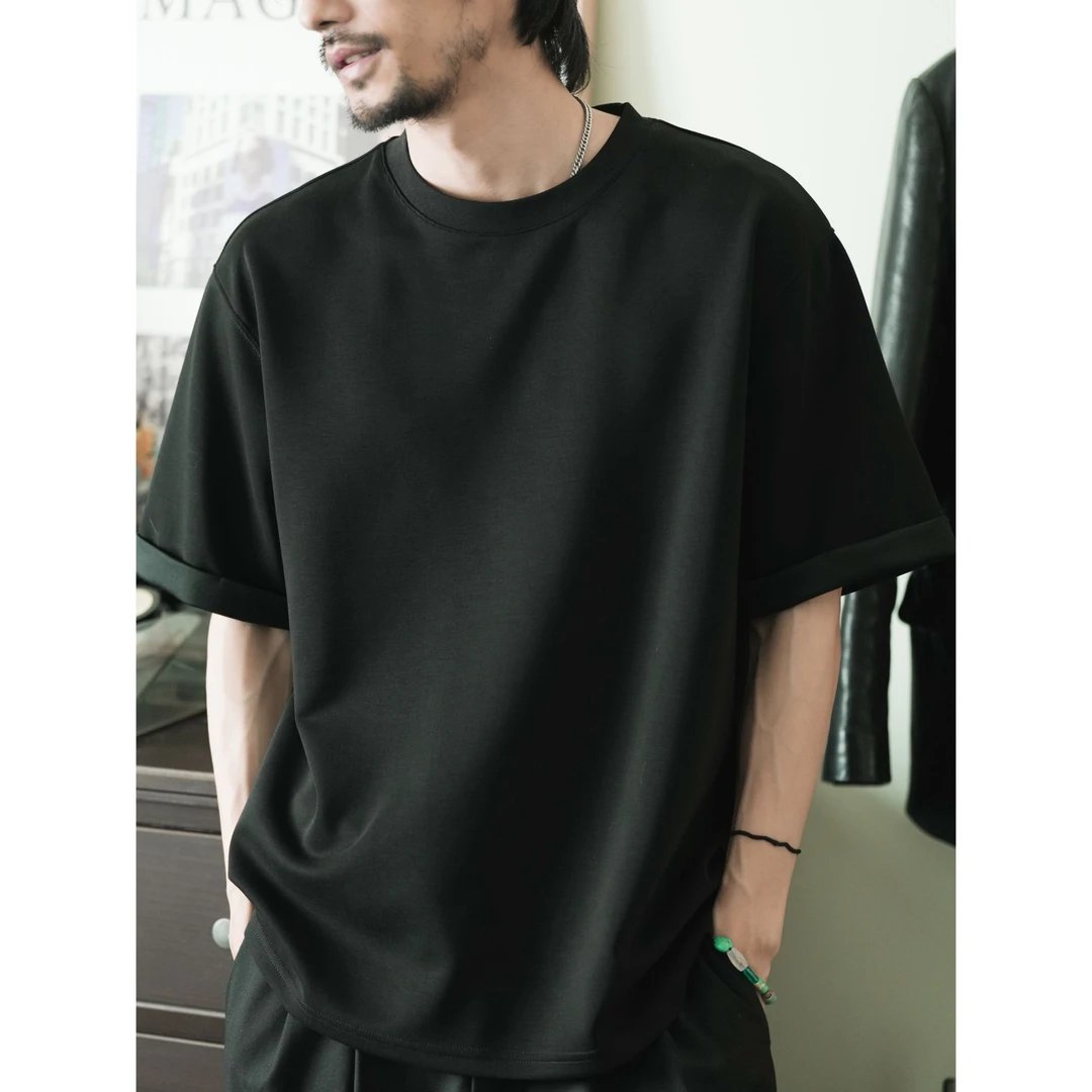 Tobefly宽松廓形短袖T恤舒适落肩夏季百搭经典圆领折边袖口3029