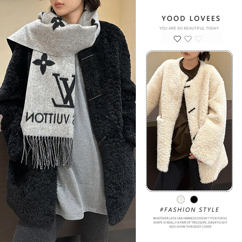 韩系皮毛一体圆领外套女2025冬中长款宽松休闲设计感保暖上衣加厚