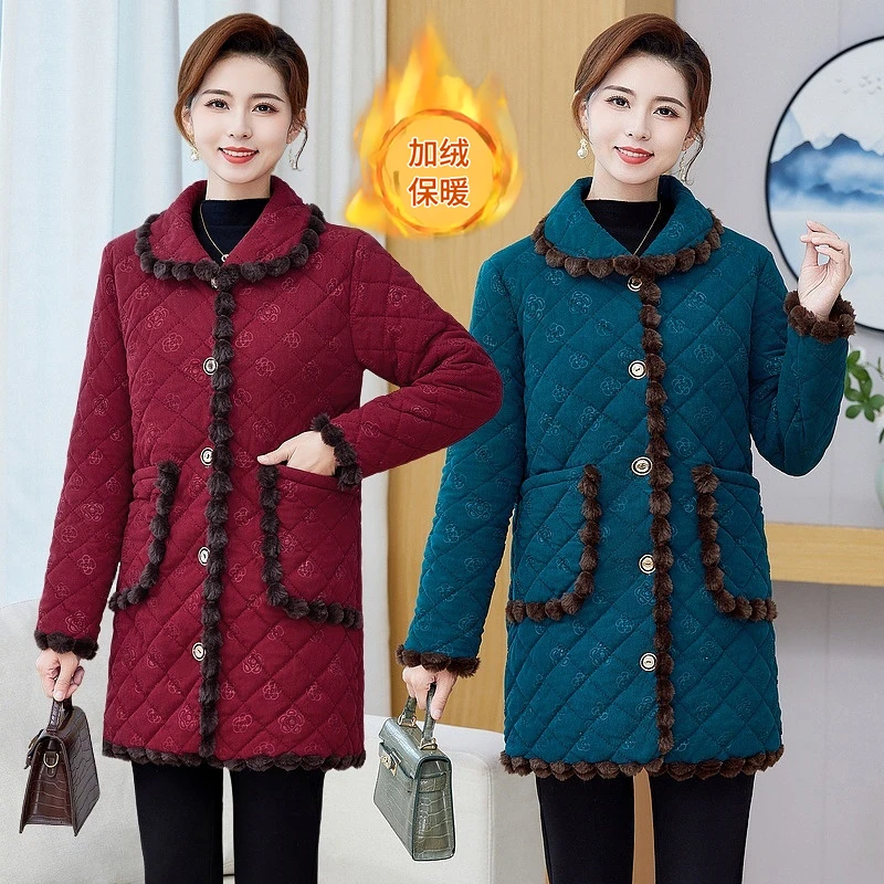 妈妈冬装加绒加厚棉衣外套气质新款时尚中老年女冬中长款保暖棉袄