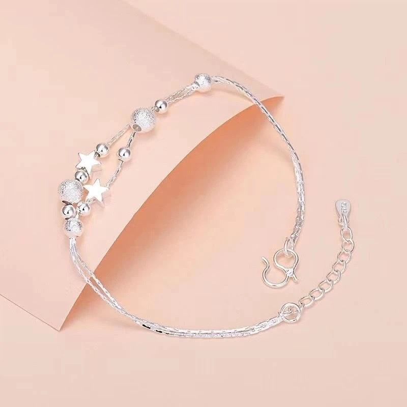 足银手链 999足银星星手链设计时尚气质款圆珠双层手饰