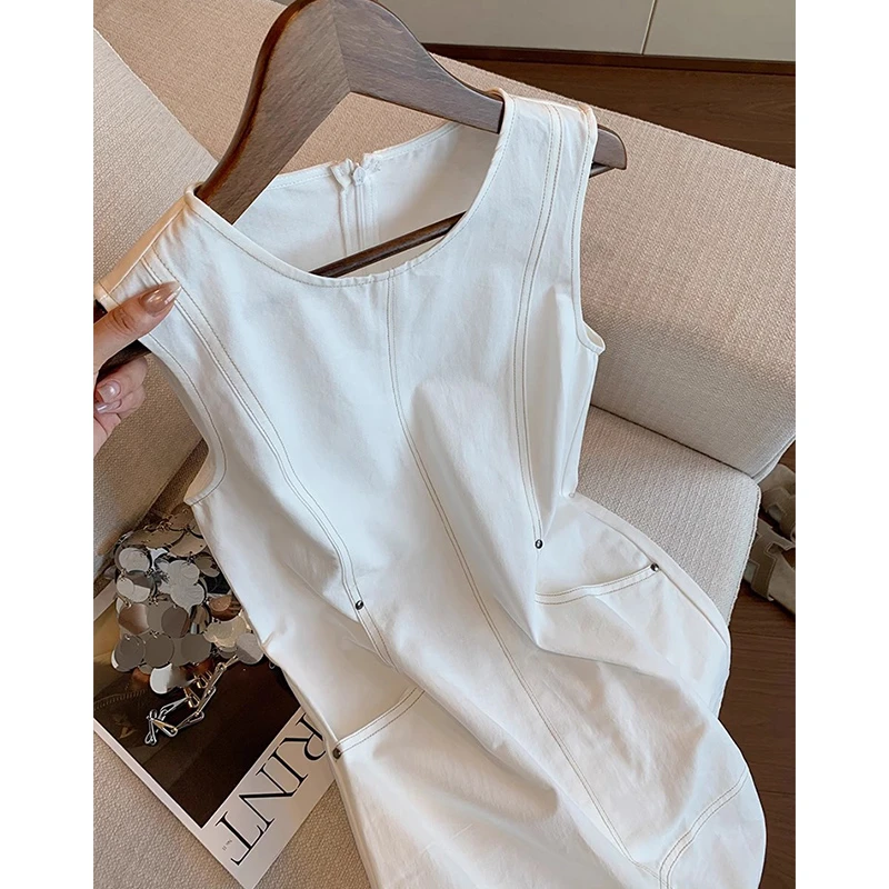 白色老钱风明线无袖背心连衣裙女夏新款高级简约气质显瘦a字短裙