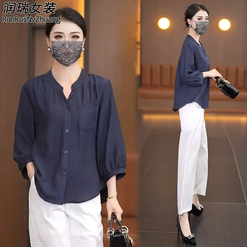 时尚夏季休闲衬衫女2025新款洋气中袖妈妈宽松显瘦减龄衬衣上衣潮