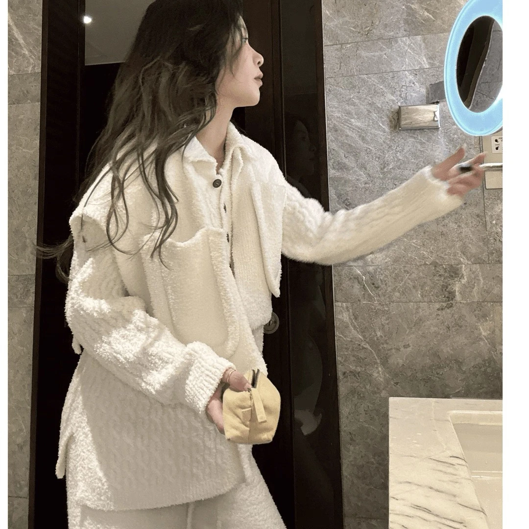 秋冬睡衣女2025新款出门款纯色三件套装休闲针织毛衣半边绒家居服