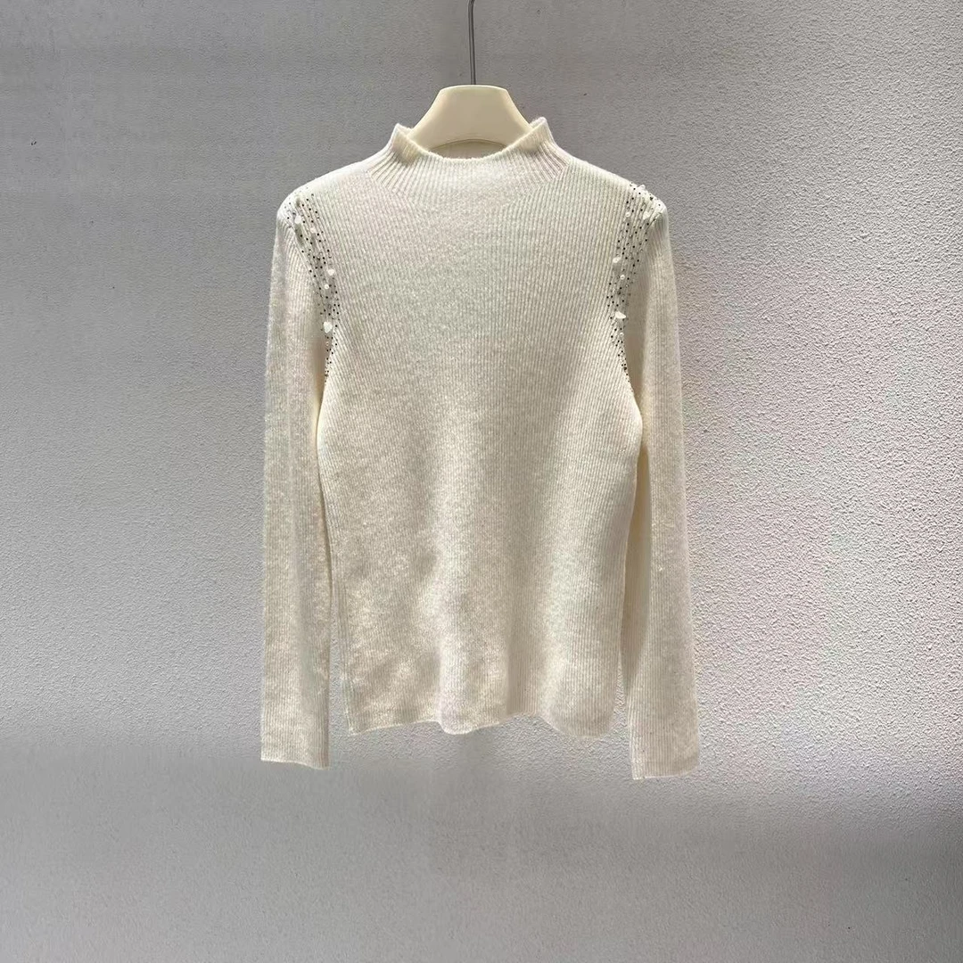 733 法式复古钉珠半高领针织衫女士秋冬修身显瘦打底上衣