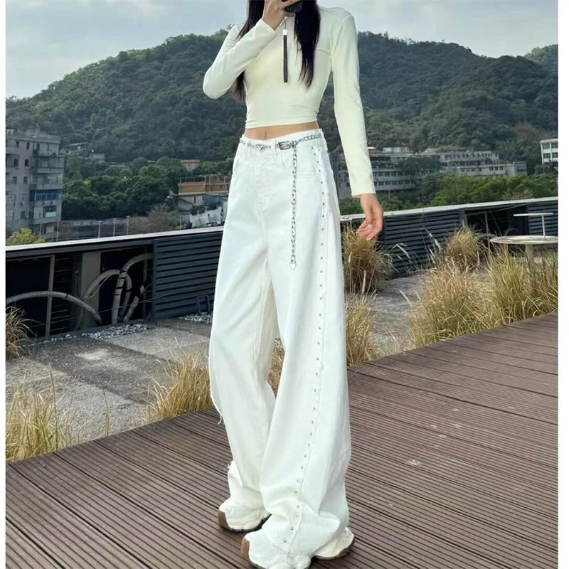 大码高腰百搭显瘦设计感打钉牛仔裤女春季复古水洗垂感直筒长裤子