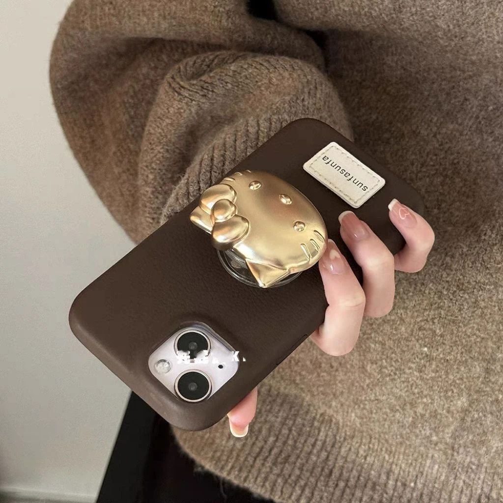 秋冬简约金色KT支架适用iPhone16proma手机壳15软13/14皮纹11防摔