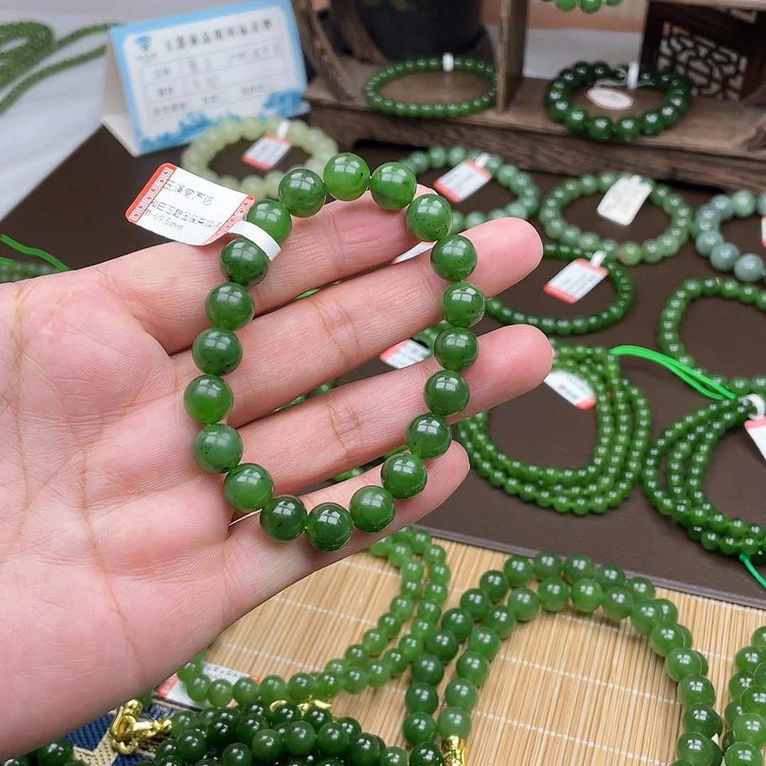和田玉未镶嵌手链菠菜绿卡9.5