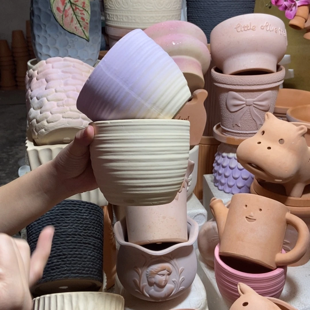 12×10拉丝盆 白+紫 粗陶2个