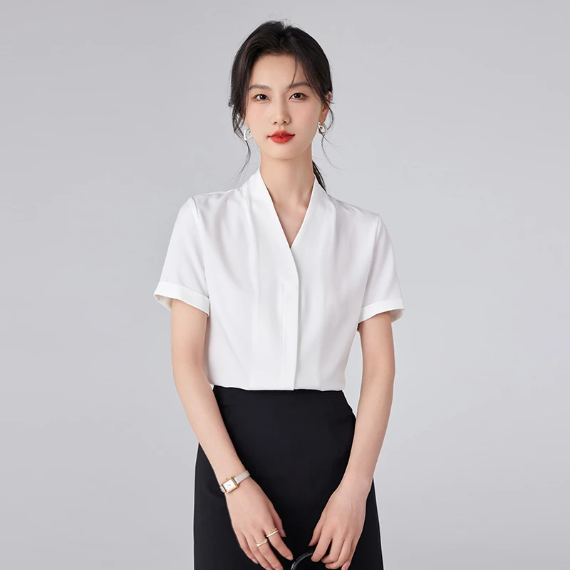 白衬衫女短袖夏季气质小个子面试上衣V领衬衣职业套装前台工作服
