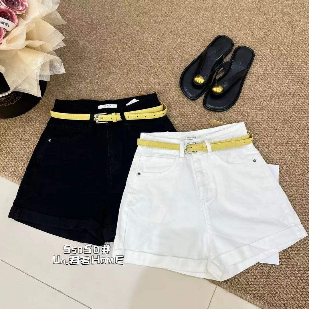 君君家【弹力短裤】55050夏季高腰折边配腰带弹力牛仔短裤