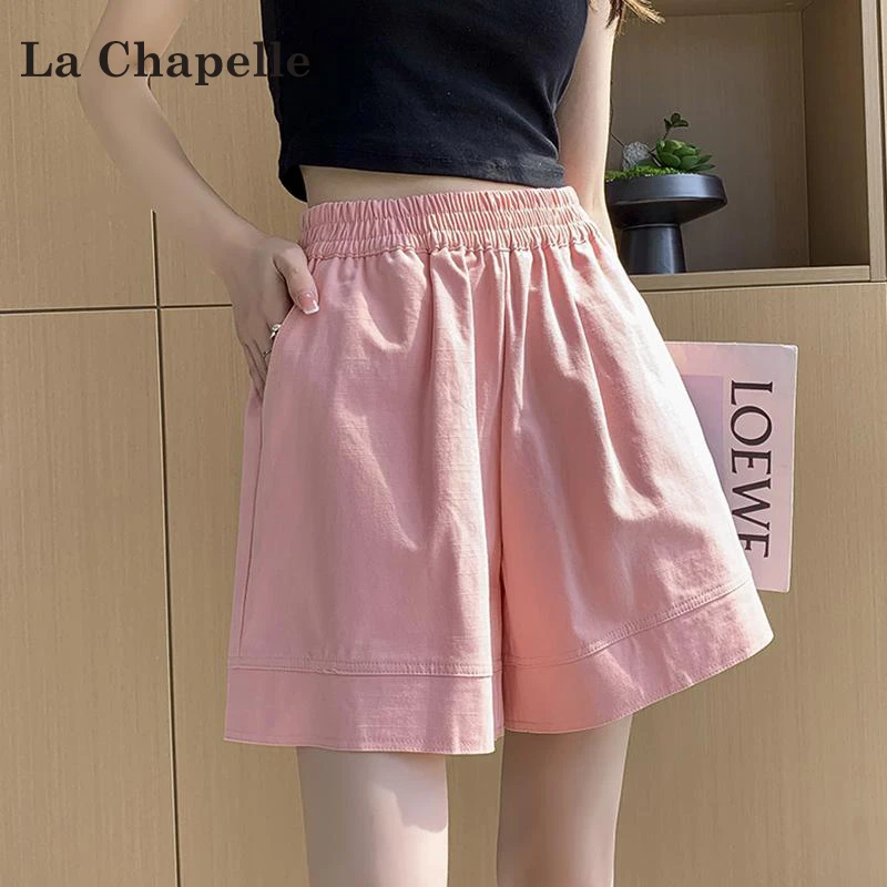 拉夏贝尔粉色棉麻休闲短裤女款爆款2025新款夏季宽松百搭运动短裤