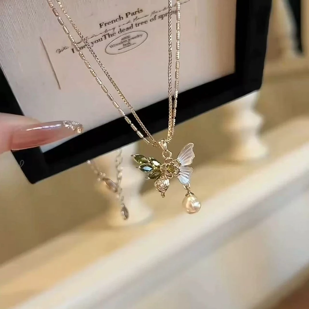 铜合金项链 不对称蝴蝶珠珠项链复古小众独特设计轻奢秋冬毛衣链