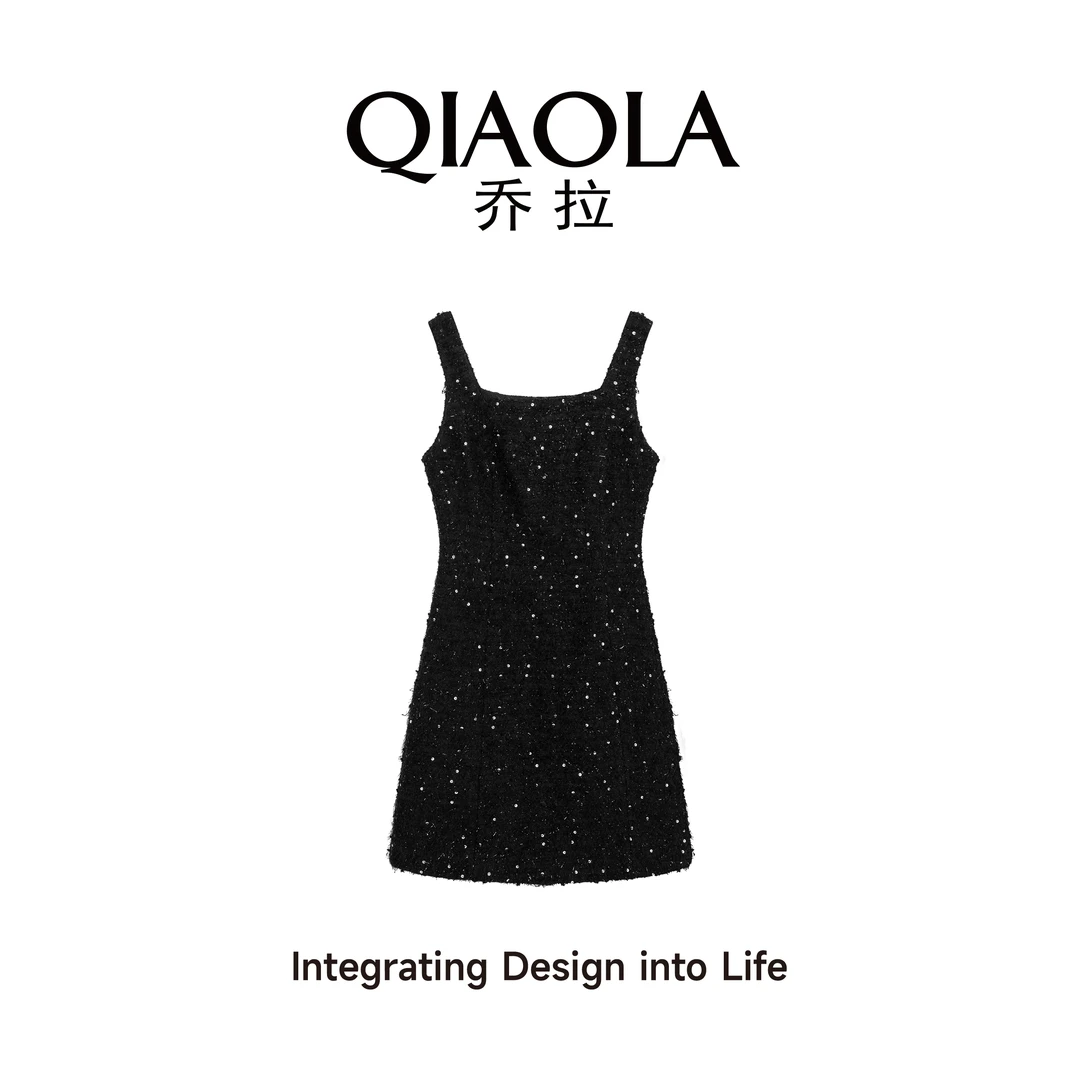 QIAOLA/乔拉【星光和音】黑色亮片吊带连衣裙女气质显瘦短裙子