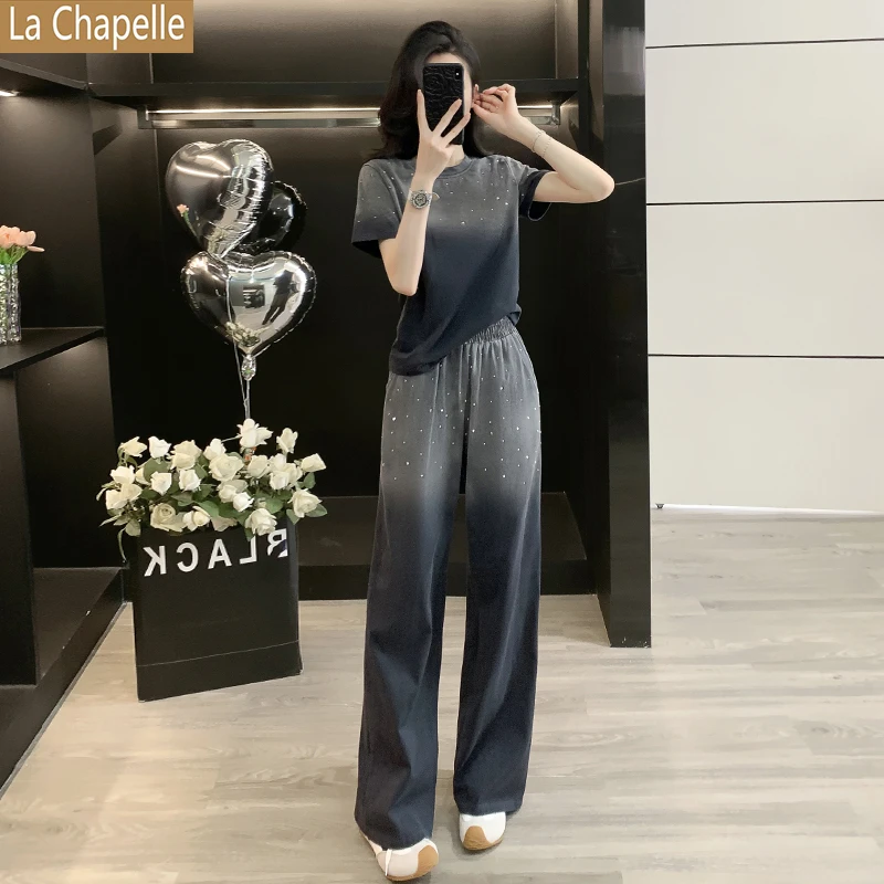 拉夏贝尔新款休闲运动套装女宽松垂感直筒扎染夏季设计感两件套潮