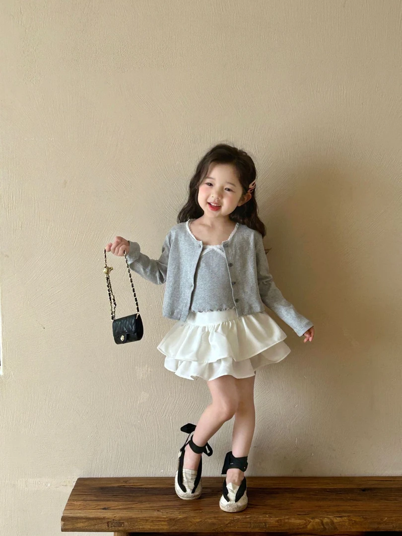 蕾丝花边吊带外套两件套灰色miu系蝴蝶结洋气裙子春夏女童2025