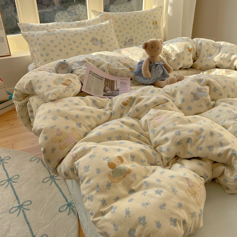 纺臣【碎花修勾】甜美可爱全棉双层纱被套床单四件套纯棉床上三件套