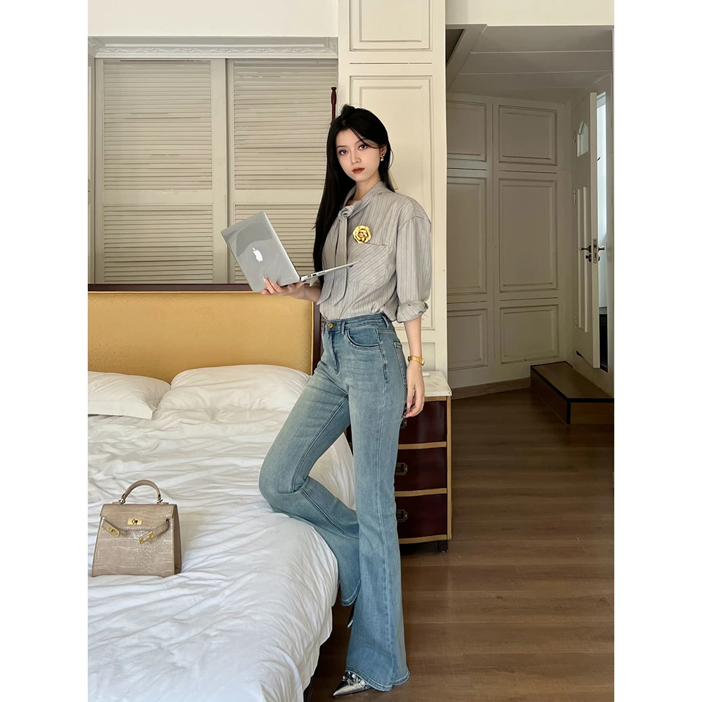 小王家/ZhouZhou微喇裤女春季牛仔裤通勤直筒高腰垂坠感显瘦气质