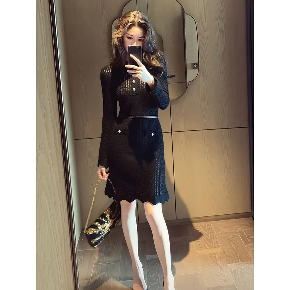 出席重要场合的裙子巨好看法式高级感气质黑色针织长袖连衣裙女秋