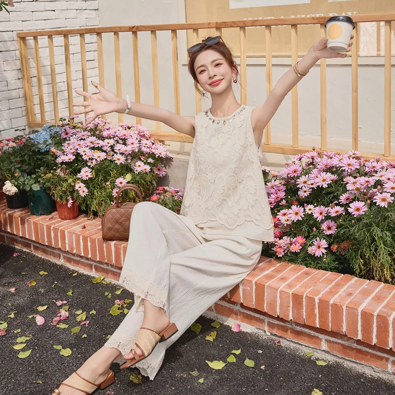 现货可推2025休闲夏装新款亚麻透气舒适阔腿裤两件套装女