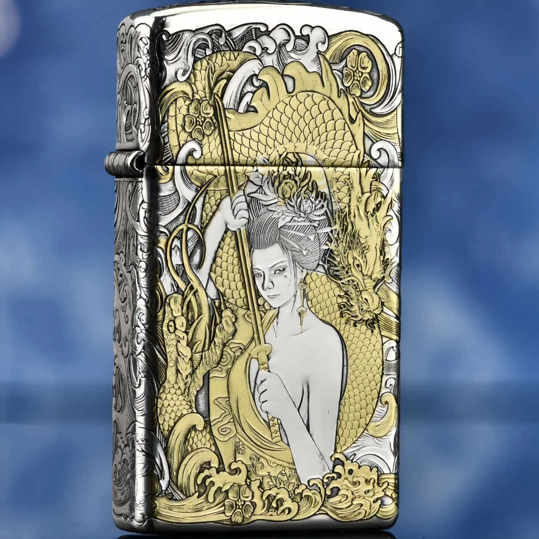 ZIPPO打火机包银鎏金窄机黑武士龙女DYJ1
