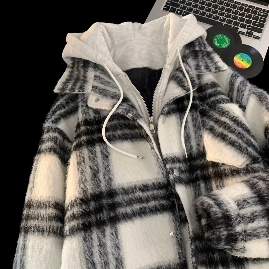 小香风假两件格纹外套男女款秋冬季加厚保暖复古毛呢连帽夹克外套