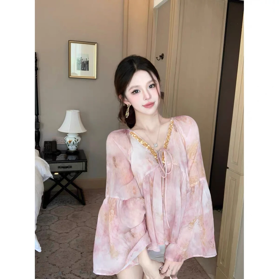 法式拼接亮片v领长袖雪纺衬衫女春季气质宽松衬衣设计感绝美上衣