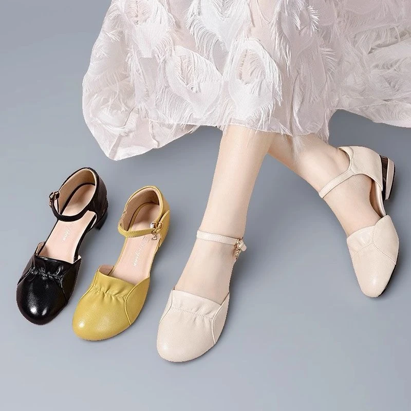 荷叶边半包头女凉鞋2025夏季时尚中空一字扣透气平底真皮女鞋单鞋