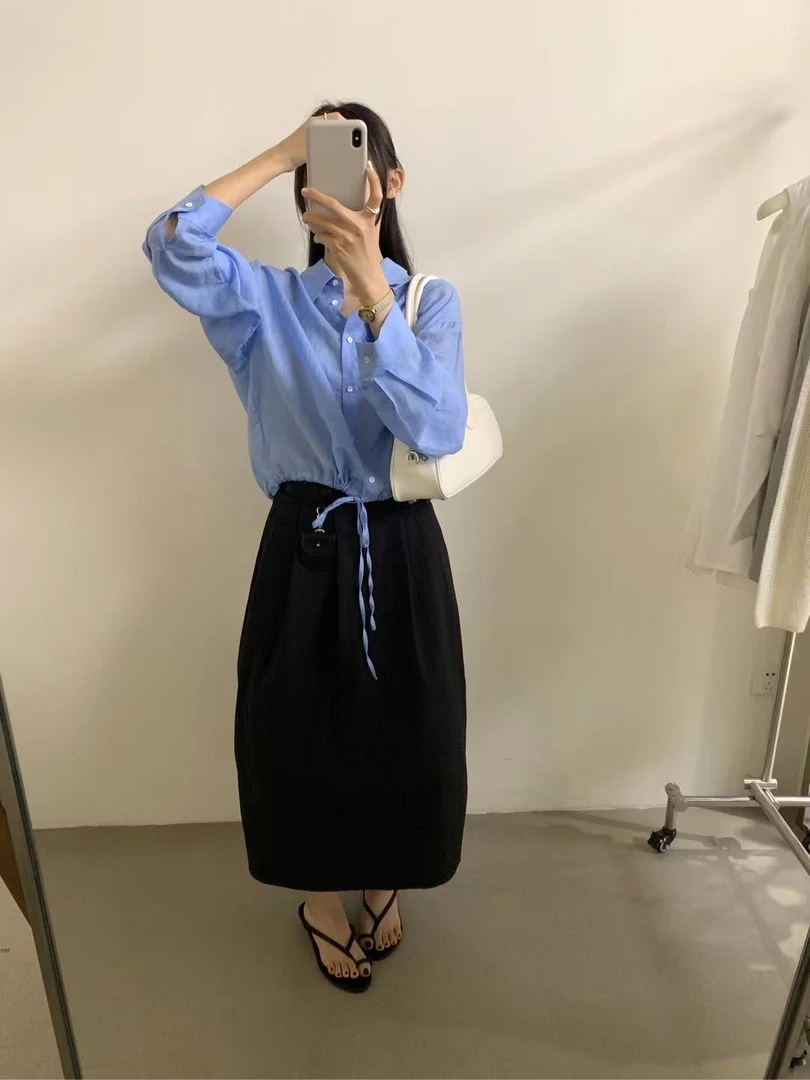 lovely@S9320 韩系简约抽绳圆领宽松防晒衬衫（55天丝➕45苎麻）6-22