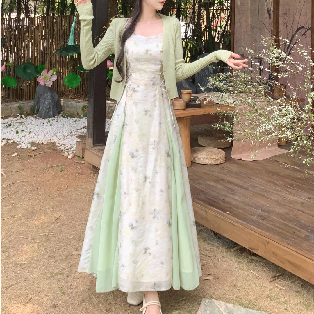 大码女装吊带裙两件套2025春夏新款海边度假雪纺碎花连衣裙胖妹妹