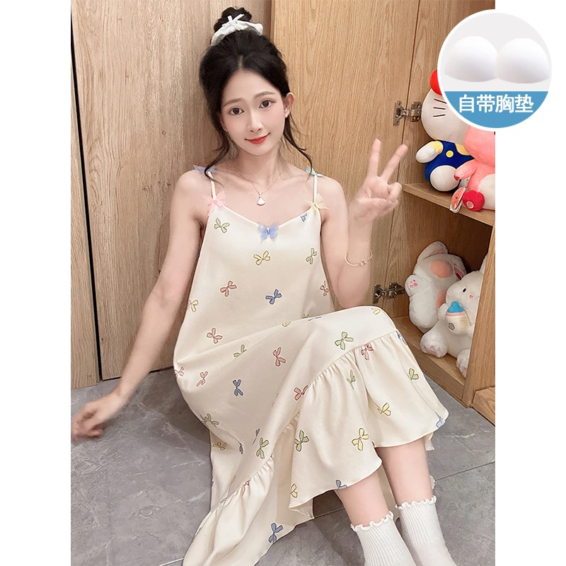 吊带睡裙女夏季薄款纯棉甜美可爱蝴蝶结带胸垫睡衣夏天少女家居服