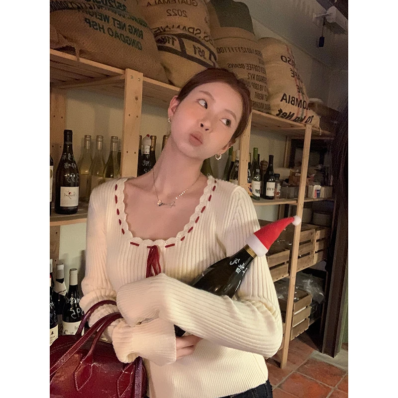 【粥粥清仓】秋冬法式复古撞色绑绳修身百搭毛衣0519