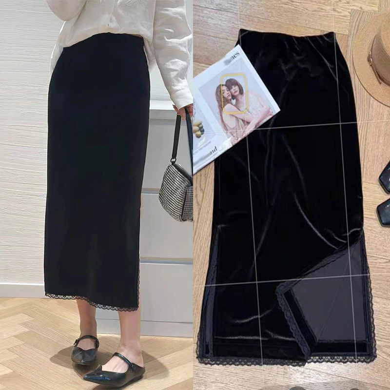 百搭蕾丝拼接丝绒半身裙子春秋冬气质遮肉显瘦中高腰开叉直筒黑色