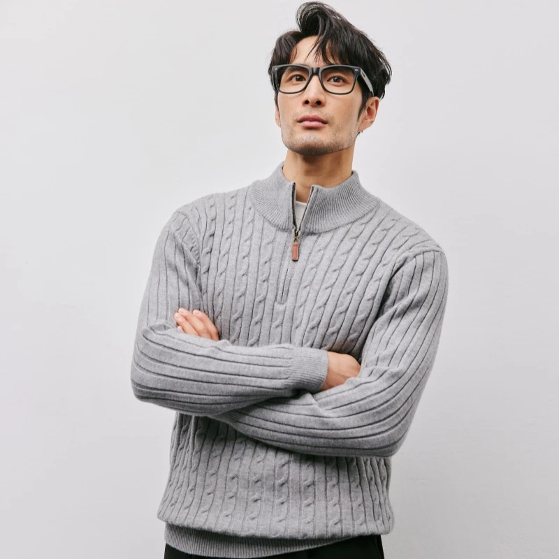 稻草人秋冬男士拉链休闲毛衣时尚商务半高领绞花针织保暖百搭长袖