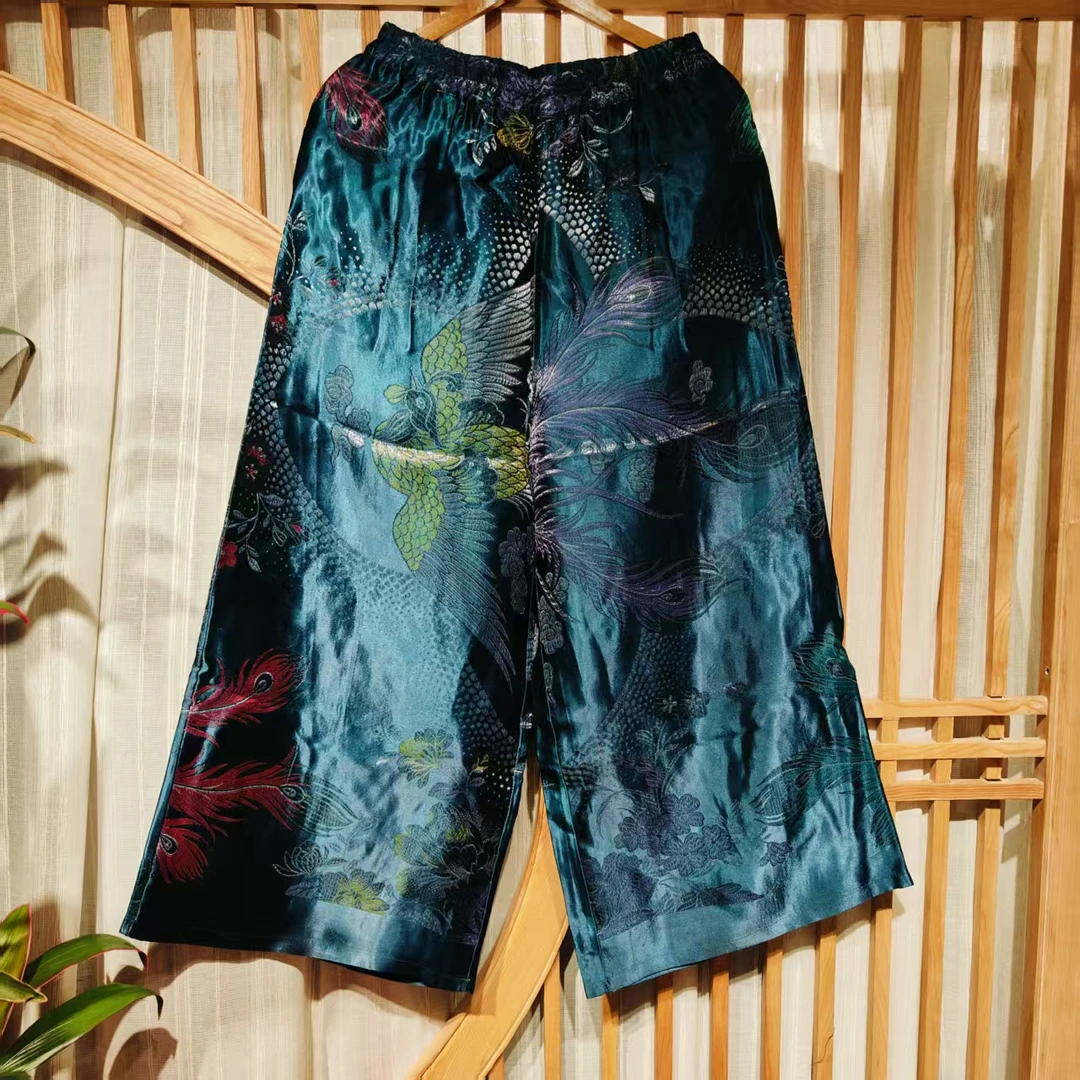 凤徕兮私人定制蓝色龙凤暗纹全松紧加衬直筒裤