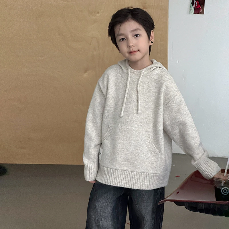 【依妈家】上新儿童冬加厚百花绒贴标毛衣男童毛绒连帽针织衫25H178