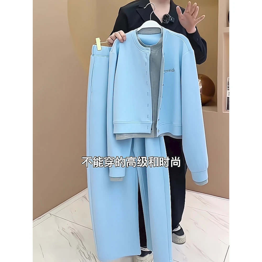 宽松大码时尚休闲运动套装女春秋新款假两件开衫卫衣阔腿裤两件套