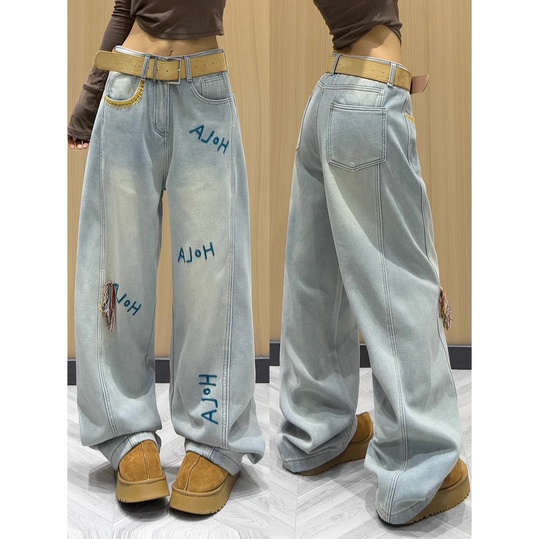 浅色牛仔裤女2025春季修身阔腿裤刺绣字母小众设计显瘦宽松拖地裤